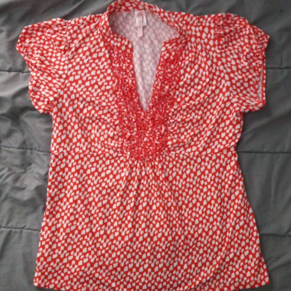 Women’s Plus Size 2X Orange/White Printed V-Neck Ruffle Short Sleeve Top Blouse